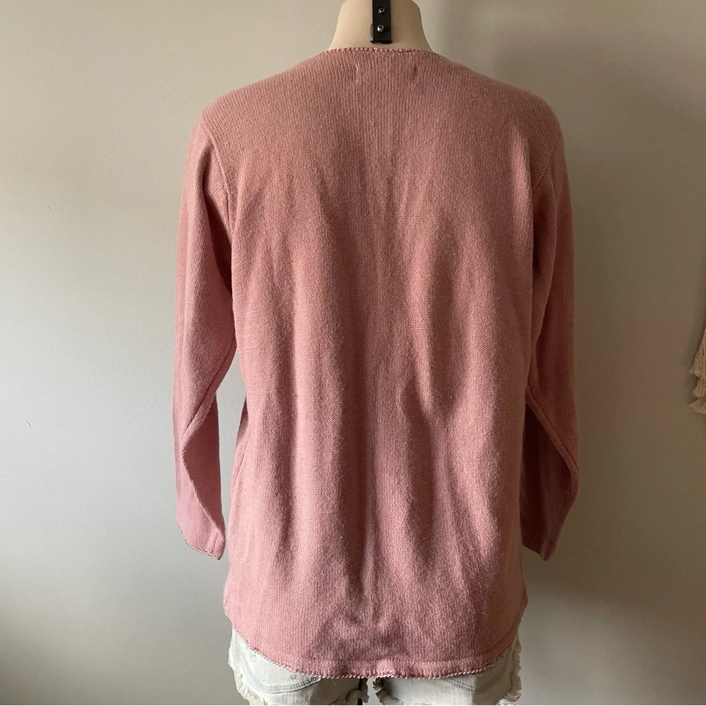 Vintage Alfred Dunner Pink Knit Button Down Cardigan Faux Pearls & Ribbons - Picture 2 of 11